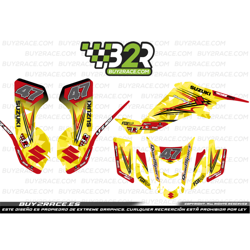 Kit adhesivos recubrimiento completo Suzuki LTZ 400 fondo amarillo y detalles negros y rojos